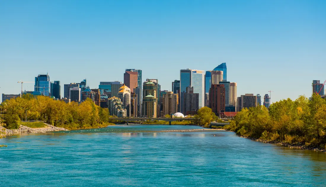 Bow river and city skyline Alberta